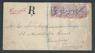 Gold Coast 1901 Registered cover to England bearing QV 1d pair and a single (faults) cancelled by ma