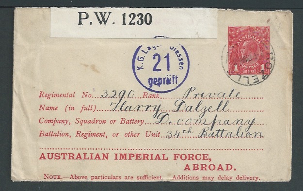 Australia 1918 1d Postal stationery envelope for use to A.I.F. Imperial Forces Abroad (H&G2), sent f