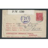 Australia 1918 1d Postal stationery envelope for use to A.I.F. Imperial Forces Abroad (H&G2), sent f