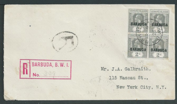 Barbuda 1923 Registered Cover to New York franked 1922 2d block of four "BARBUDA" overprints, with r