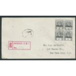 Barbuda 1923 Registered Cover to New York franked 1922 2d block of four "BARBUDA" overprints, with r