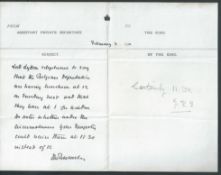 KING GEORGE V AUTOGRAPH 1911 PONSONBY LYTTON BELGIAN DEPUTATION Rare private internal memorandum re