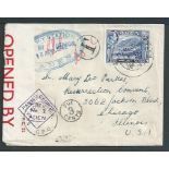 Aden 1942 Underpaid censored letter (flap missing) to Chicago, with 1939 21/2a tied by cds, large en