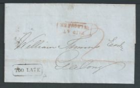 Victoria 1851 Entire from Melbourne to Geelong bearing boxed "PAID AT/MELBOURNE" in red, boxed "TOO