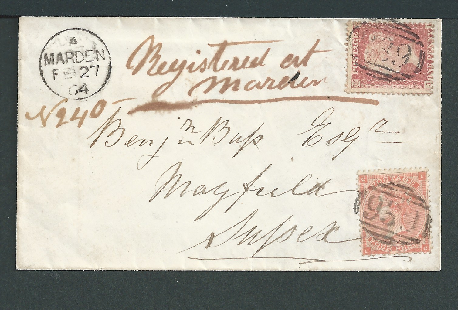 G.B. - Kent 1864 Registered cover from Marden to Sussex franked by a 1d red and 1862 4d each cancel