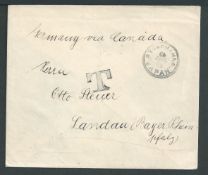 Japan 1905 Stampless Cover to Germany "via Canada" with large printed blue seal "KAISERLICN DEUTSCH