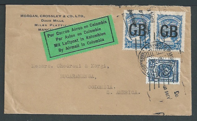 Air Mail - Scadta / G.B. 1927 Cover from Manchester to Bucaramanga, small tear at top but with the s