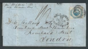 Victoria 1855 Entire letter (file folds) from Melbourne to London "per Madras str via Marseille" be