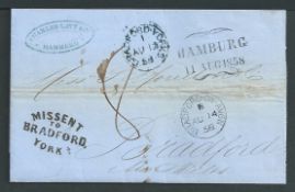 G.B. - Yorkshire 1858 Entire letter (faults including heavy file fold) from Hamburg to Bradford on A