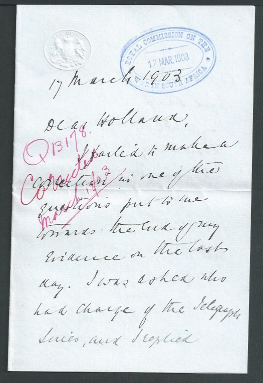 Boer War 1903 (Mar 17) Letter written and signed by Lord Roberts, to "The Royal Commission of the Wa