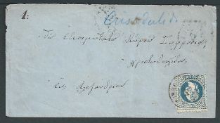 Cyprus 1875 Cover to Alexandria bearing Austrian Levant 10s blue cancelled by "LARNACCA DI CIPRO" c