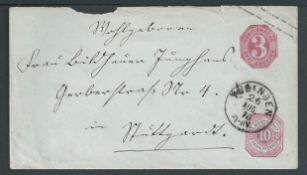 German States - Wurttemburg 1875 Revalued 3k and 10pf postal stationery envelope (Mi U27) with round