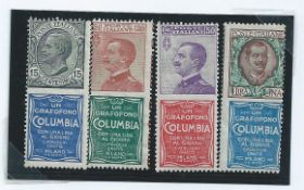 Italy 1924-25 15c, 30c, 50c, 1l, all with "COLUMBIA" advertising labels, all fine and fresh mint, th