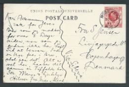 Hong Kong - Branch Offices 1911 Picture post card to Copenhagen "Via Siberia" with 1907 4c red tied