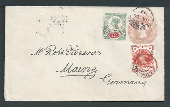 G.B. - Surface Printed / London 1892 1d pink postal stationery envelope sent to Germany, franked 18