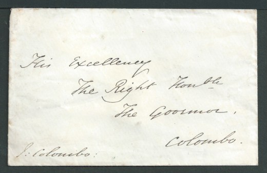 Ceylon 1849 Cover signed by the Bishop of Colombo sent to the Governor of Ceylon in Colombo, backst