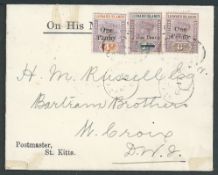 Leeward Islands 1902 Cover from St Kitts to St Croix bearing the 1902 local surcharge set of three.