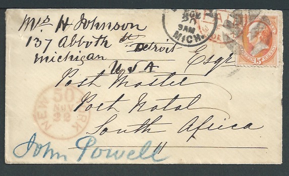 United States / Natal 1877 Cover from Detroit to "Post Master, Port Natal, South Africa" with addres