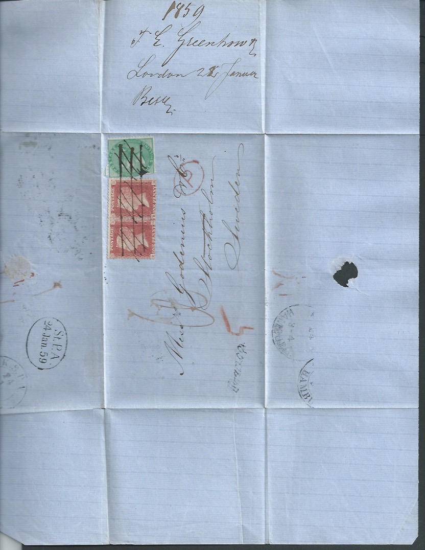 G.B. - London 1859 Entire to Sweden bearing 1/- green (damaged) and 1d red pair all unusually cance - Image 3 of 3