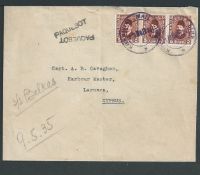 Cyprus 1935 Cover to Larnaca with three Egypt stamps cancelled by two violet "KHEDIVIAL MAIL LINE /