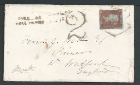 G.B. - Ireland 1851 Cover franked 1d from Dublin to England with scarce two line "OVER...OZ / MORE