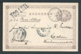 Japan 1899 4 Sn. postal stationery Post Card from Kioto to Germany with handstruck unframed "TOO LAT