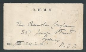 Gilbert & Ellice Islands 1911 (Feb 24) Stampless O.H.M.S. cover (light vertical fold) with "FIJI" c