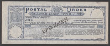 G.B. Queen Victoria SPECIMEN POSTAL ORDER 1881 17 shillings & 6 pence postal order