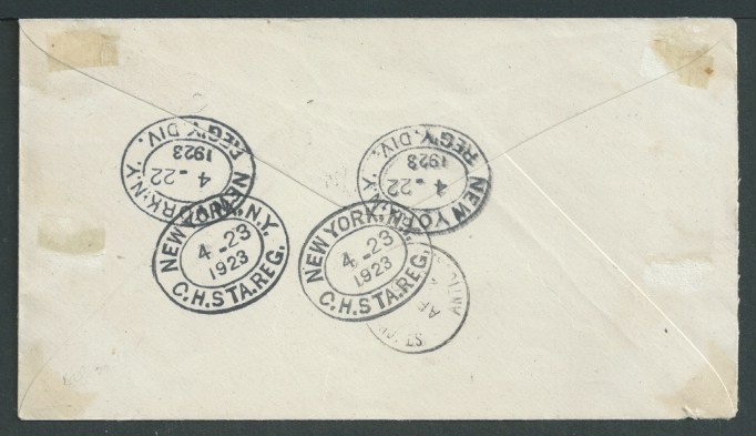 Barbuda 1923 Registered Cover to New York franked 1922 2d block of four "BARBUDA" overprints, with r - Image 2 of 2