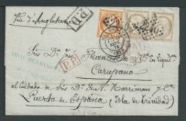 Trinidad 1874 Entire letter from Marseille to Venezuela franked 30c pair + 40c, directed via Harrim
