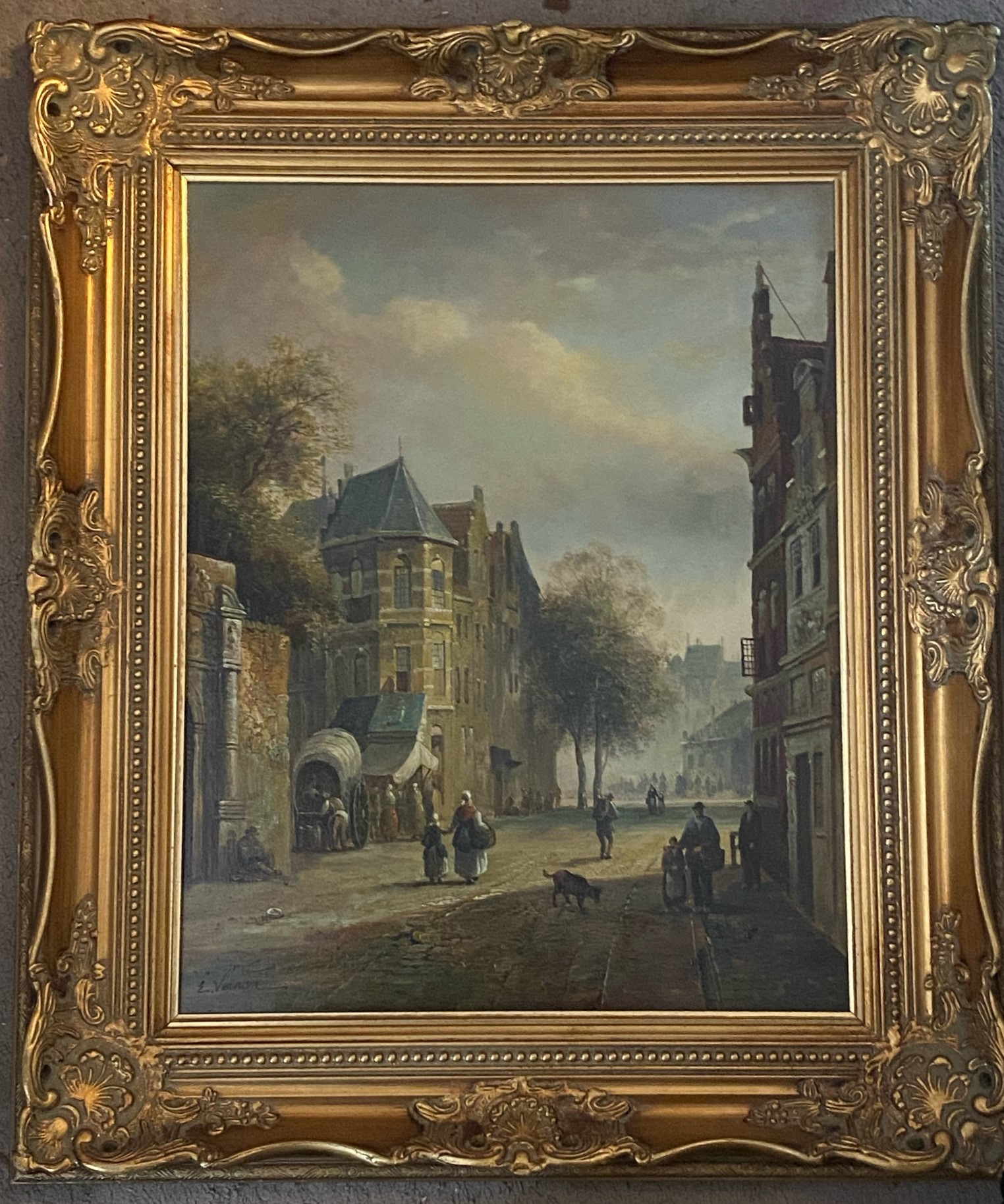 E Vernon signed oil painting Depicting a street scene - Image 2 of 3