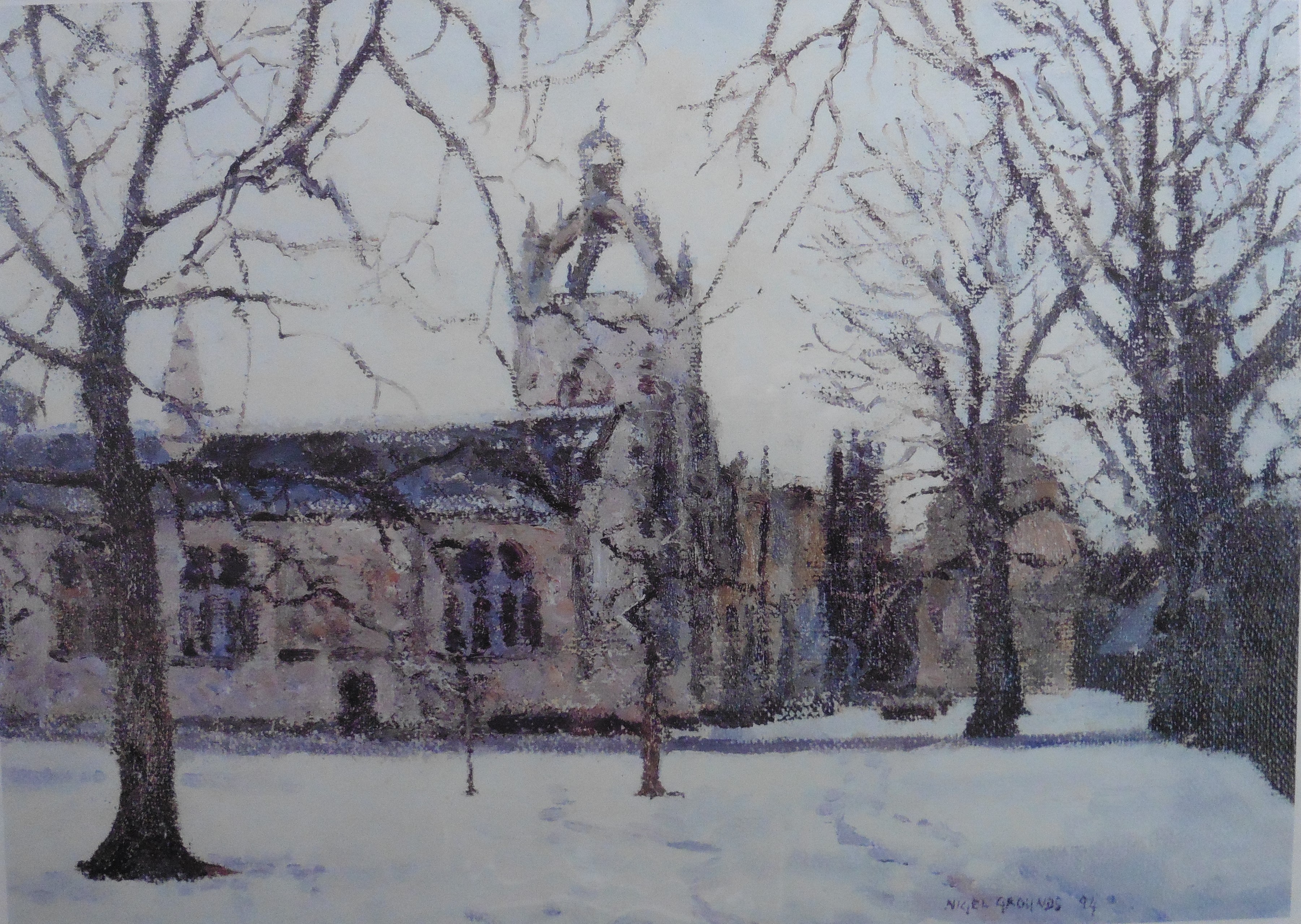 Wintertime Kings College Aberdeen limited ed print by Scottish artist Nigel Grounds, bn 1962