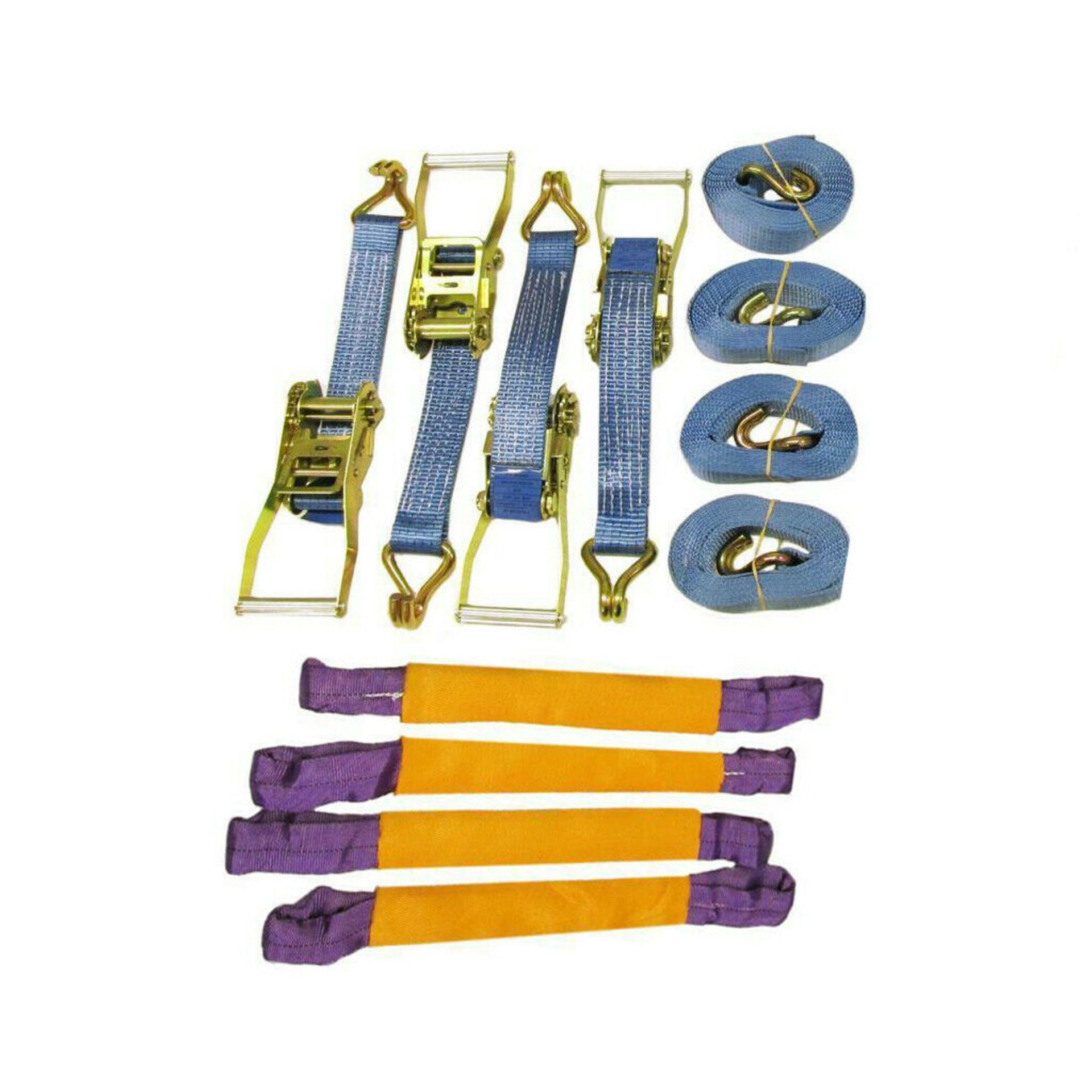 3 x pack of 4 - 50mm x 4 metre ratchet lashings with claw hook and 4 round sling straps (rlpack50b)