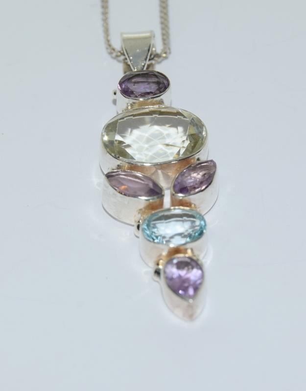 Large Amethyst & Topaz Silver Pendant