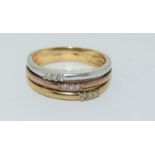 9Ct Three Gold & Diamond Ring