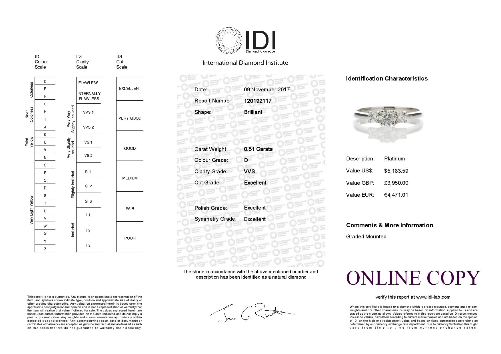 Platinum Three Stone Claw Set Diamond Ring 0.51 Carats - Image 5 of 5