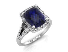 9ct White Gold Cushion Cluster Diamond And Created Ceylon Sapphire Ring