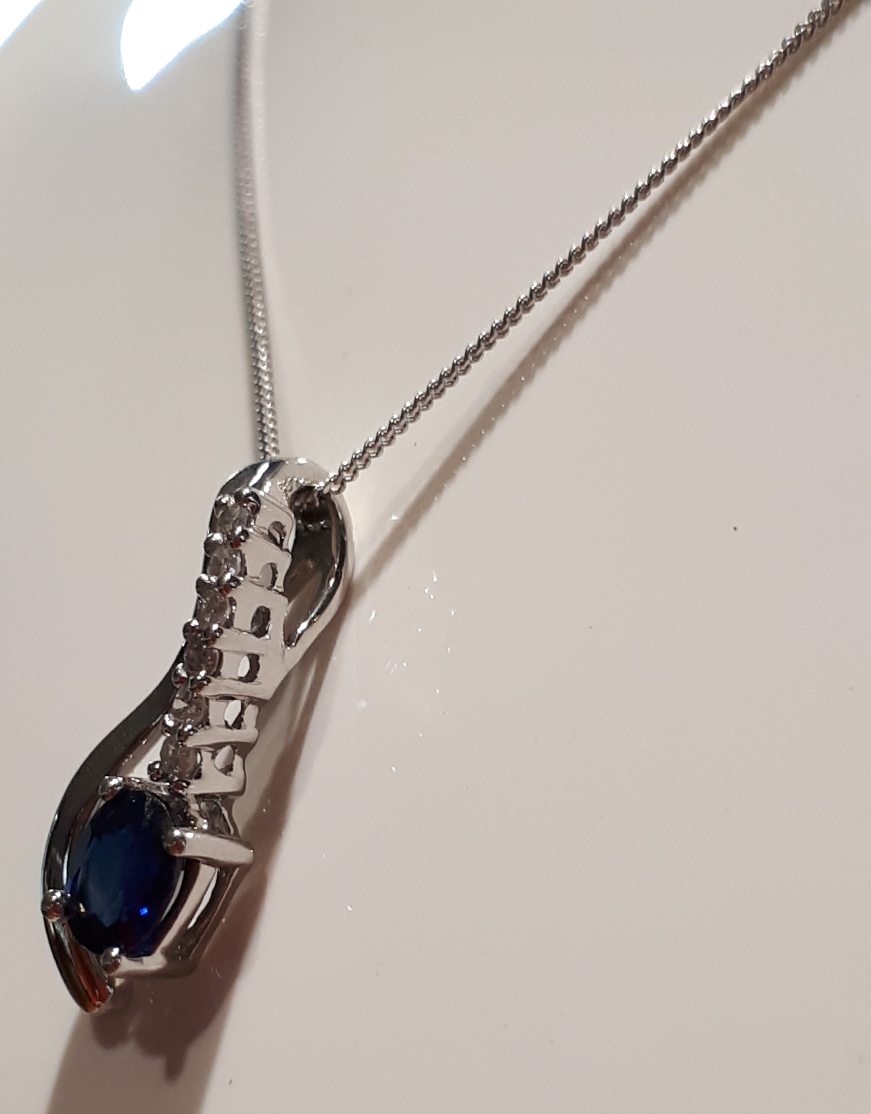 9ct (375) White Gold Sapphire and Diamond Drop Pendant on 18" Curb Chain Necklace - Image 3 of 7