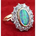 18ct (750) Yellow Gold Black Opal & 1.4ct Diamond Cluster Ring - Hand Made with Insurance Valuation