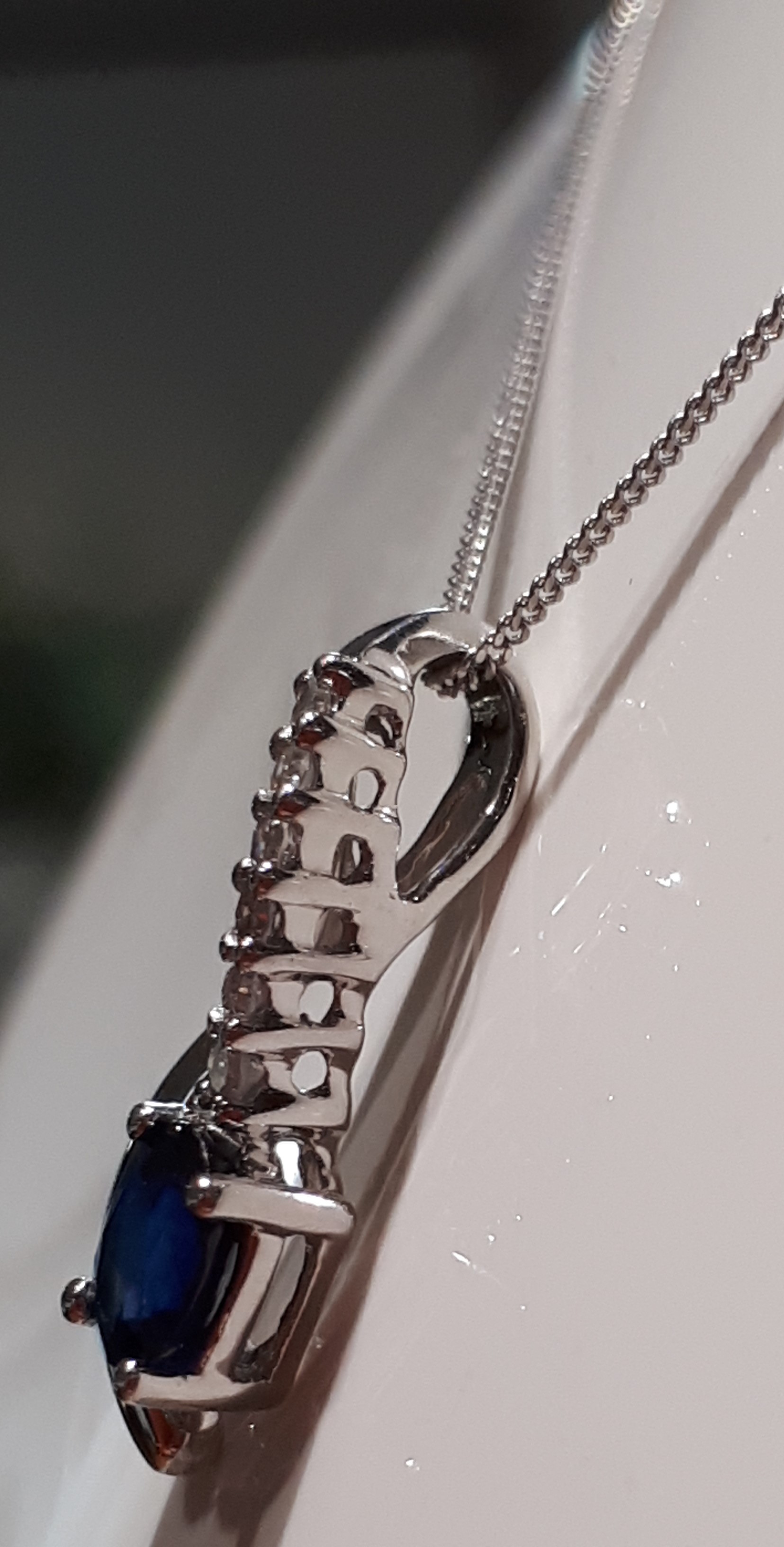 9ct (375) White Gold Sapphire and Diamond Drop Pendant on 18" Curb Chain Necklace - Image 4 of 7