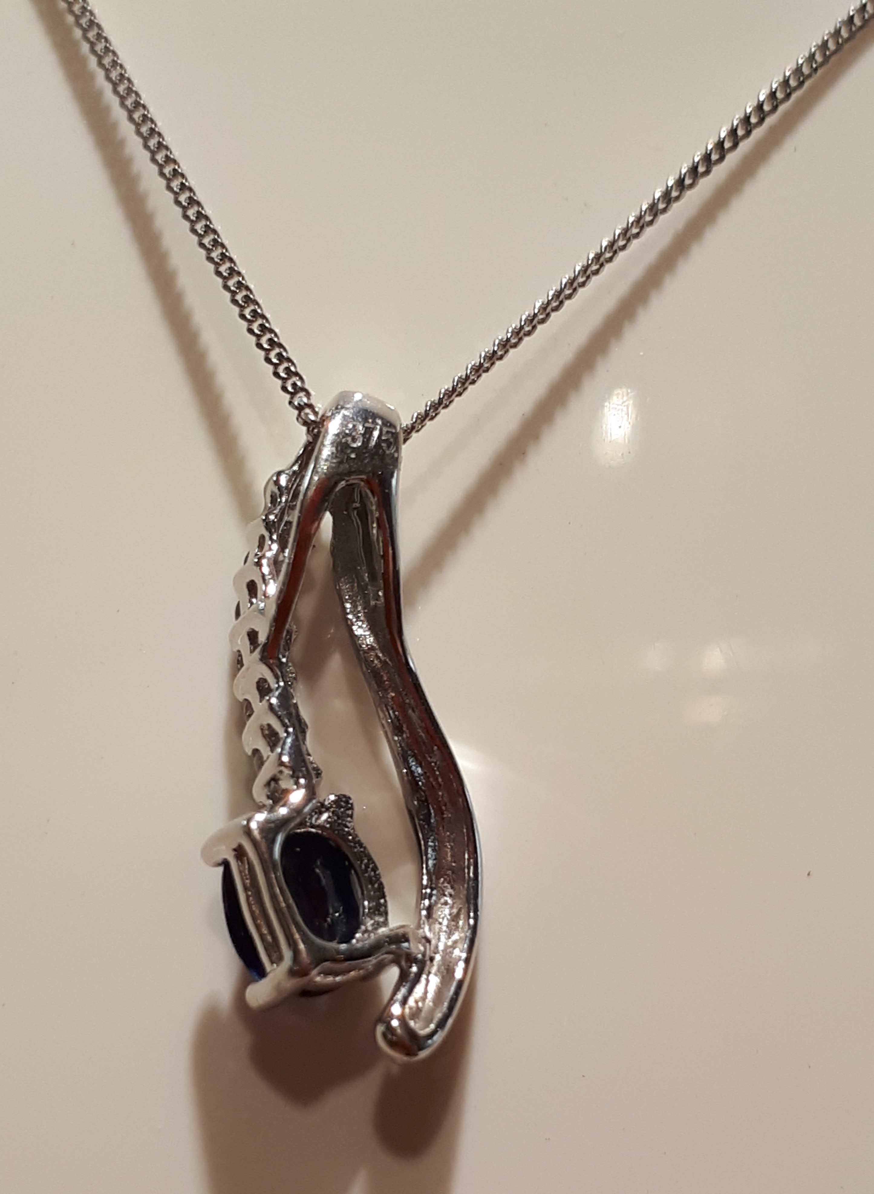 9ct (375) White Gold Sapphire and Diamond Drop Pendant on 18" Curb Chain Necklace - Image 6 of 7