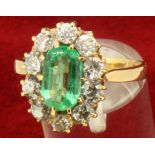 Vintage 14ct Yellow Gold 1.30ct Emerald and Diamond Cluster Ring and Insurance Valuation Certificate