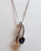 9ct (375) White Gold Sapphire and Diamond Drop Pendant on 18" Curb Chain Necklace