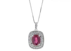 9ct White Gold Oval Ruby And Diamond Cluster Pendant 0.28 Carats