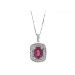 9ct White Gold Oval Ruby And Diamond Cluster Pendant 0.28 Carats