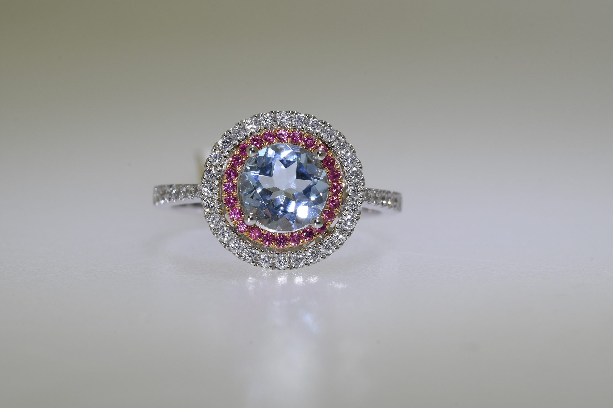 Aquamarine, Pink Sapphire & Diamond Ring