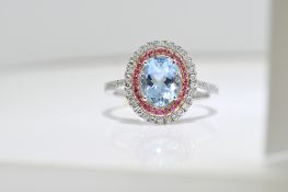 Aquamarine, Pink Sapphire & Diamond Ring