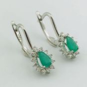 14K White Gold Cluster Earring , natural emerald and diamond