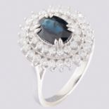 14K White Gold Cluster Ring 1.8 ct Natural Sapphire - 1.00 ct Diamond