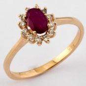 14K Pink Gold Cluster Ring , Natural Ruby and Diamond